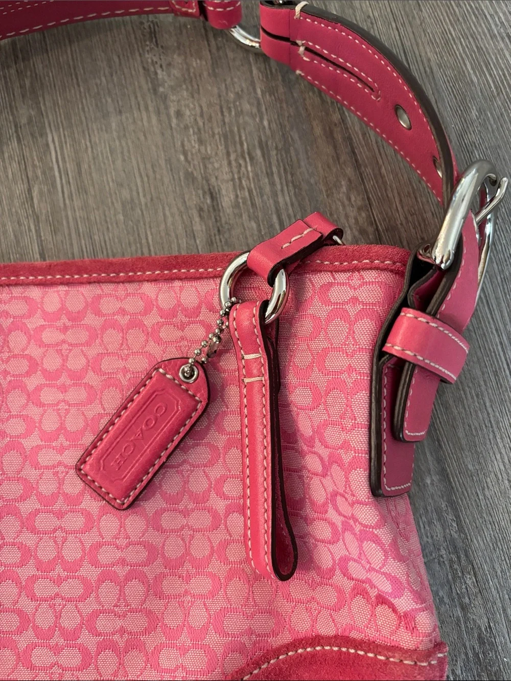 Coach Y2K Pink Signature Hobo Bag with Suede Trim